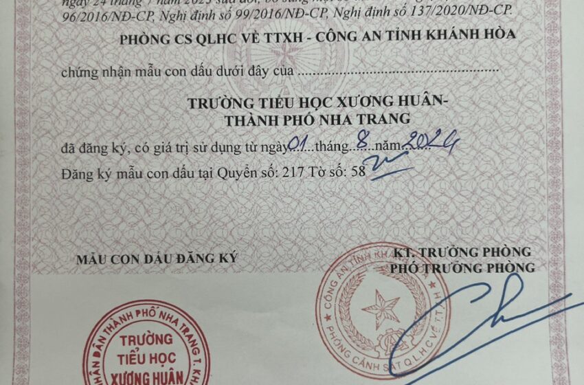  Trường Tiểu học Xương Huân công bố mẫu con dấu có hiệu lực từ 01/8/2024